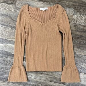 LOFT Camel Ribbed Flare Sleeve Top